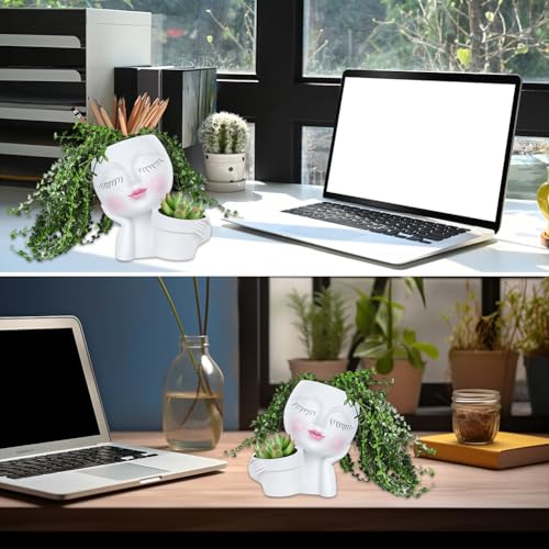 Face Planter Pot, Lady Head Planter with Drainage Holes, White | Dual-compartment lady head planter with drainage holes for succulents, cactus, and air plants - color: White