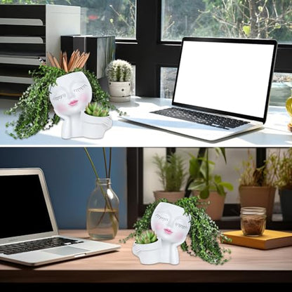 Face Planter Pot, Lady Head Planter with Drainage Holes, White | Dual-compartment lady head planter with drainage holes for succulents, cactus, and air plants - color: White