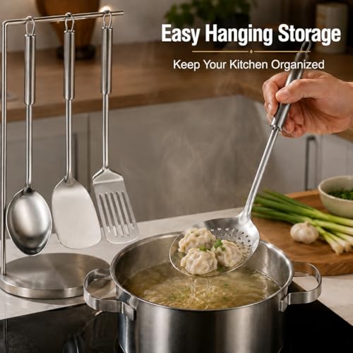 Pleafind Cooking Utensils Set - 4 Pcs Stainless Steel Kitchen Utensils Set with Solid Turner, Slotted Turner, Serving Ladle, Slotted Spoon, Wok Utensils Set with Heat Resistant Handle, Dishwasher Safe - color: 4P-Silver