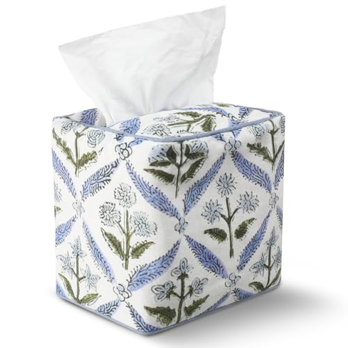Blue Fabric Tissue Box Cover - Floral Print Tissue Box & Decorative Square Napkin Holder Handmade Cotton for Home Bedroom Vanity Countertop Night Stands Office - style: Blue
