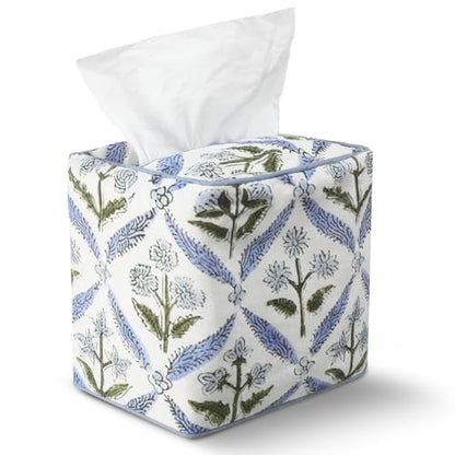 Blue Fabric Tissue Box Cover - Floral Print Tissue Box & Decorative Square Napkin Holder Handmade Cotton for Home Bedroom Vanity Countertop Night Stands Office - style: Blue