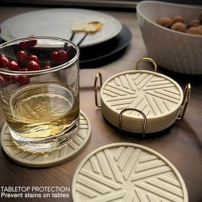 Silicone Coasters Set of 6 with Gold Holder and Modern smart Pattern, Protection for Coffee Table - Ivory - color: Neutral Ivory