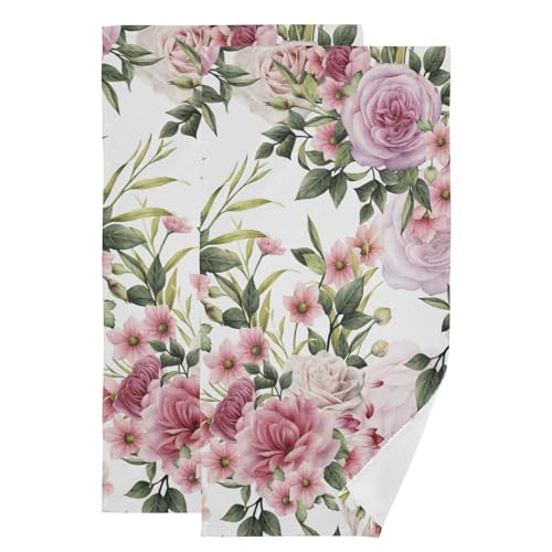 Spring Pink Peony Floral Hand Towels for Bathroom Set of 2 Microfiber Rustic Rose Flower Green Leaf Bouquet Kitchen Dish Towels Decorative Bathroom Towel for Face Bath Shower Spa 14"x28" - color: Pink White
