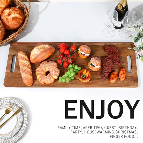 2 Pcs Acacia Wooden Charcuterie Boards Acacia Serving Board with Handle Rectangular Hollow Handle Wood Tray Wooden Serving Platter Wood Server for Cheese Food(30 x 12 Inch) - size: 30 x 12 Inch