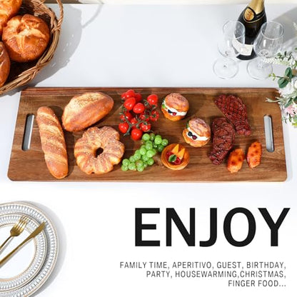 2 Pcs Acacia Wooden Charcuterie Boards Acacia Serving Board with Handle Rectangular Hollow Handle Wood Tray Wooden Serving Platter Wood Server for Cheese Food(30 x 12 Inch) - size: 30 x 12 Inch
