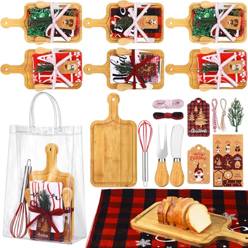 12 Set Christmas Charcuterie Board Gifts Bulk, Bamboo Mini Cheese Cutting Board Gifts with Spreader Knives Fork Towel Whisk for Xmas Gift Wedding Bridal Baby Shower (Long Handle,Light) - color: Light