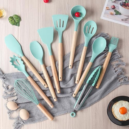 19 Pieces Kitchen Cooking Utensils and Knife Set with Holder Block, Include 11 Pcs Silicone Cooking Utensils 5 Pcs Sharp Stainless Steel Knives Scissors Whisk Tongs and Cutting Board (Deep Green) - color: Deep Green