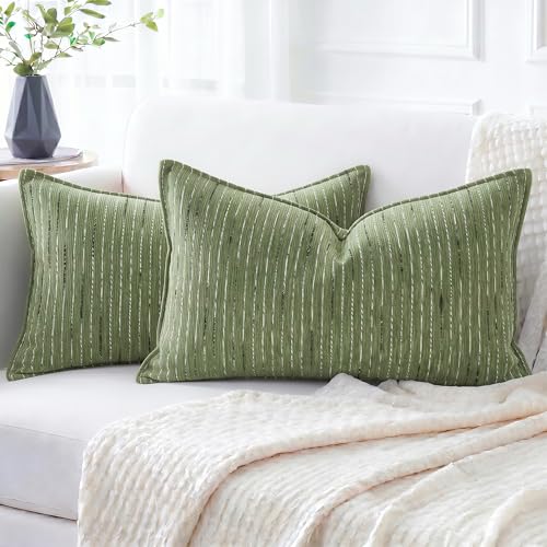 NUYECY Soft Chenille Decorative Throw Pillow Covers 12x20 Set of 2,Green Neutral Couch Pillow Covers Striped Textured Farmhouse Pillowcases for Modern Home Decor Bed Sofa Living Room Bedroom - color: Green, size: 20" x 12" (Pack of 2)