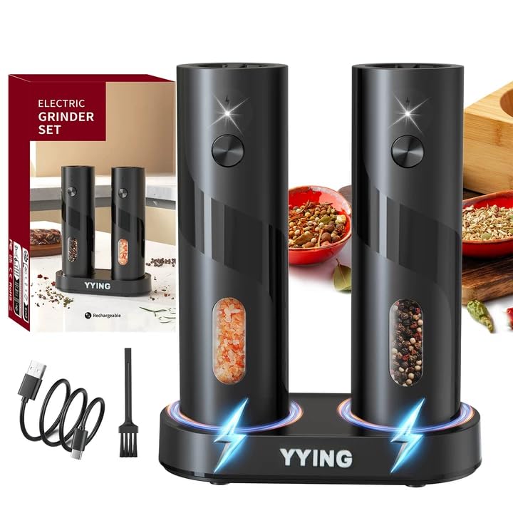 Electric Salt and Pepper Grinder Set Automatic Pepper Mill Grinder | Charging Base & LED Light, Adjustable Coarseness, Large Capacity, One-handed Operation, for Kitchen, Restaurant, Outdoor
