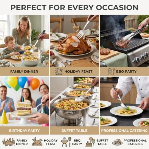 Stainless Steel Metal Serving Utensils Set | of Serving Spoons,Slotted Spoons,and Serving Tongs,serving fork,cake server,for Buffet,Soup,Rice,Commercial & Home Kitchen - color: 10 pack Serving Sets