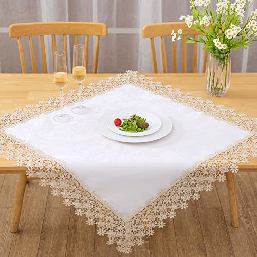 Lace Tablecloth Waterproof Fabric Washable Beige 33x33inch | Elegant Decor AntiShrink Soft Wrinkle Resistant Decorative Fabric Dining Home Holiday Party Kitchen Outdoor Indoor Home Décor - color: Blossom-beige, size: 33" x 33" (Square)