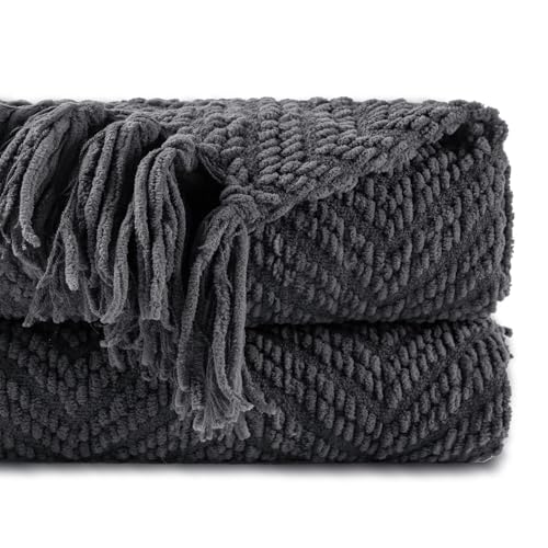 BATTILO HOME Dark Grey Throw Blanket for Couch, 50"x60" | Knit Charcoal Throw Blanket Versatile for Chair, Super Soft Warm Grey Blanket with Tassels for Bed, Sofa and Living Room - color: Grey, size: 50"x60"