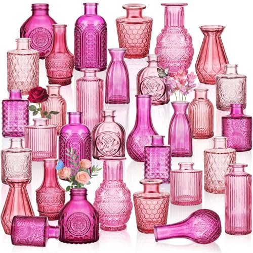 32 PCS Assorted Vintage Bud Vases, Colorful Glass Small Vases Bulk, for Centerpieces, Wedding Table Decor, Home Decorations & Gifts (Pink Seiris) - color: Diffpink-2, size: 32PCS