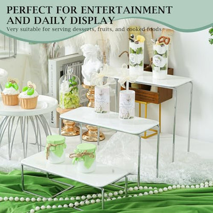 12-Inch Rectangular 3 Tier Serving Tray Stand, White Acrylic Trays with Silver Painted Iron Rack, Removable Dessert Display for Cupcakes, Appetizers, Fruit and Cookies - color: White and Silver
