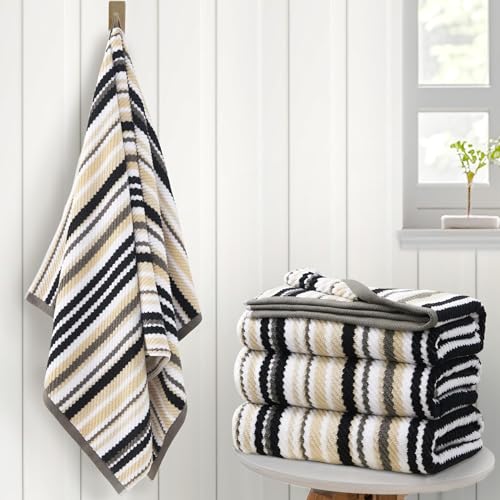 VOOVA & MOVAS Bath Towels 4 Pack, 100% Cotton, 28x52 in, Black Striped | Perfect for Daily Shower Use, Lightweight, Super Soft, Highly Absorbent, Quick Dry, Bath Towels with Hanging Loops - color: Gray + Black Striped, size: 4 PC Bath Towels (28"x52")