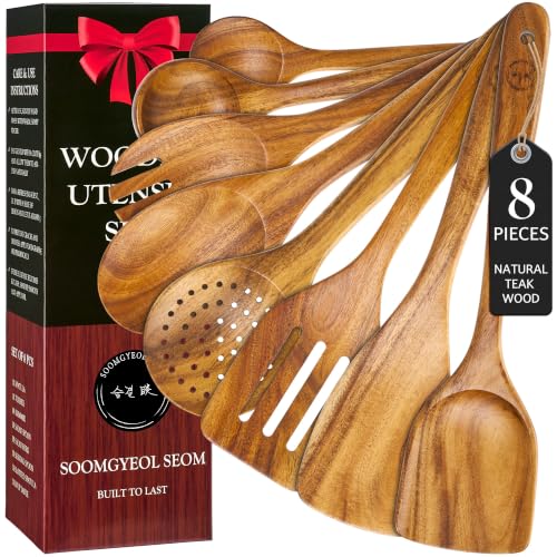 SOOMGYEOL SEOM 8-Piece Teak Wood Cooking Utensil Set | Natural Teak Wood, Uncoated, 8 Essential Cooking Utensils, Nonstick Safe - size: 8 PCS Set
