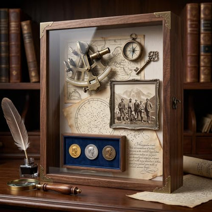 Shadow Box Frame 13x16, Large Memory Display Case with Retro Metal Corner Accents, Carbonized Wood Frame, Linen Back, and 10 Wooden Push Pins for Photos, Medals, Wedding Memory, and Keepsakes