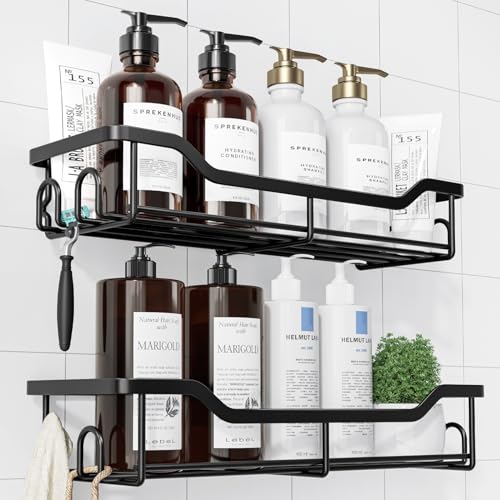 Kitsure Shower Caddy, Adhesive Shower Organizer, Large, Black | Stainless Steel Shelf for Inside Shower, No Drill Bathroom Organizers and Storage, Home Decor Accessories - color: Black, size: Large