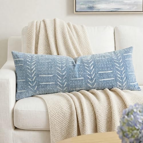 Coastal Blue Lumbar Pillow Cover 14x36 for Bed, Accent Long Lumbar Pillow Cover for Bedroom, Soft Woven Chenille Textured Farmhouse Boho Decorative Cushion Cover - color: Coastal Blue, size: 36" x 14" (Pack of 1)