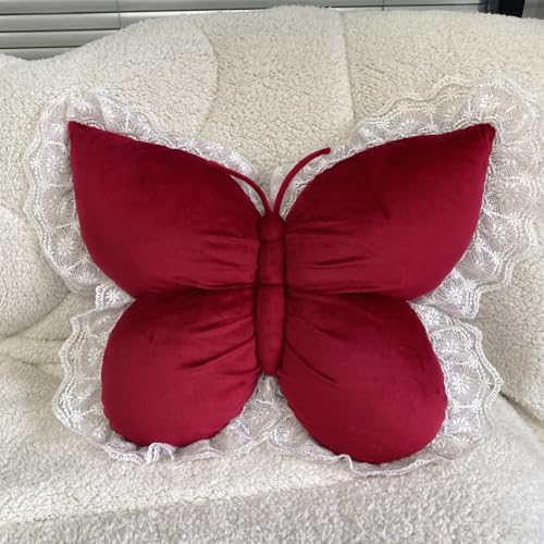 Butterfly Throw Pillow,21.6 inch Velvet Butterfly Decorative Pillow | Lace Trim,Animal Pillow for Couch Living Room Bed,Home Garden Decor - color: Red