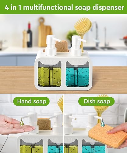 Kitchen Hand Soap and Dish Soap Dispenser Set, Dual Soap Dispenser with Sponge Caddy and Brush Holder 4-in-1 Organizer for Sink Countertop, Useful Kitchen Gadgets - White - color: White