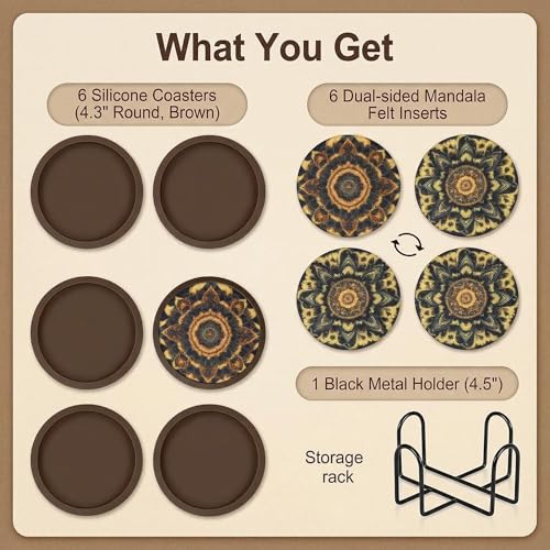 Absorbent Coasters for Drinks with Holder - 6packs, Silicone Coaster with Soft Felt Insert (4.3 inch Coasters with 4.5 inch Holder, Dual-Sided Mandala -Themed Patterns) - color: Dual-sided Mandala-themed Patterns