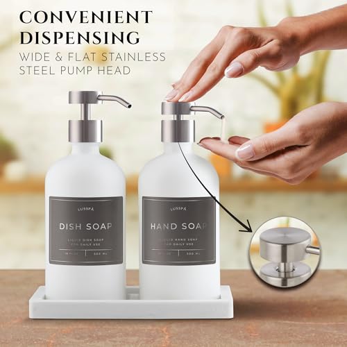 Glass Soap Dispenser Set of 2 (White) with Silicone Tray | Hand and Dish Soap Dispenser for Kitchen and Bathroom | 16.8 Oz Glass Bottles with Stainless Steel Pump & 15 Waterproof Labels (White/Silver) - color: White/Silver