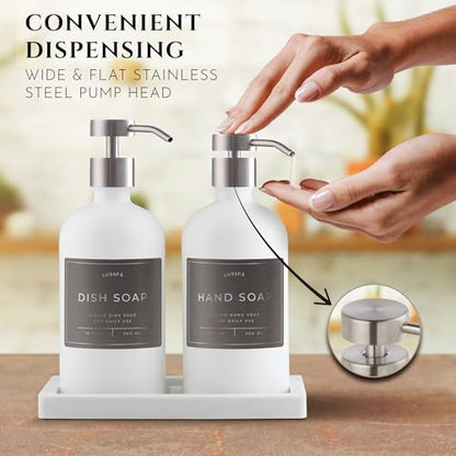 Glass Soap Dispenser Set of 2 (White) with Silicone Tray | Hand and Dish Soap Dispenser for Kitchen and Bathroom | 16.8 Oz Glass Bottles with Stainless Steel Pump & 15 Waterproof Labels (White/Silver) - color: White/Silver