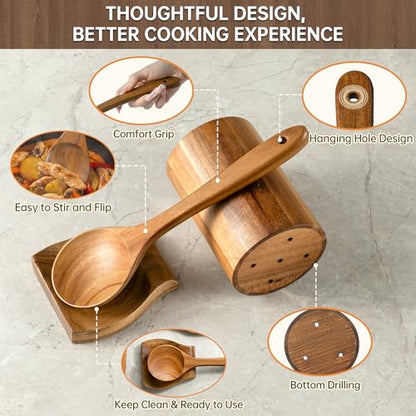 8 PCS Natural Acacia Wooden Utensil Set Wooden Spoons for Cooking | Non-Toxic Acacia Wood, Nonstick Safe, Sturdy Easy to Clean, Includes Holder & Spoon Rest, Great Kitchen Gift - size: 8 PCS SET