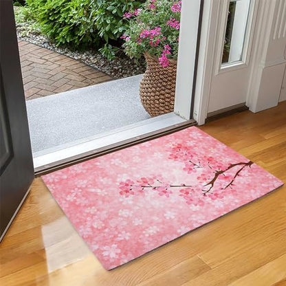 SPUNKER Pink Cherry Blossoms Welcome Mat, 30"L x 17"W, Non-Slip & Absorbent, Indoor/Outdoor, SPK-DM0415-1730 - color: Pink Cherry Blossoms