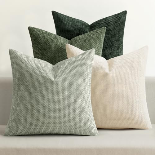 MIULEE Soft Decorative Chenille Pillow Covers Green 16x16 Pack of 4 | Nordic Home Decor, Nature-Inspired Green Set, Couch Throw Pillows, Farmhouse Boho Cushion Covers for Sofa Bed Living Room - color: Neutral Green, size: 16" x 16" (Pack of 4)
