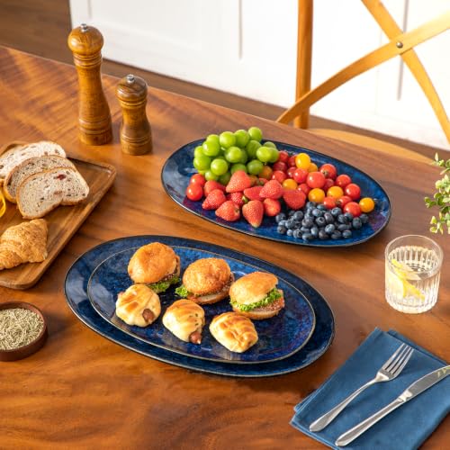vancasso Ceramic Serving Platters Set of 3, Oval 16/14.7/13.5 Inch Stoneware Serving Dishes for Entertaining, Microwave Safe Serving Trays for Food, Turkey, Cheese, Party, Reactive Glaze Navy Blue - color: Navy Blue