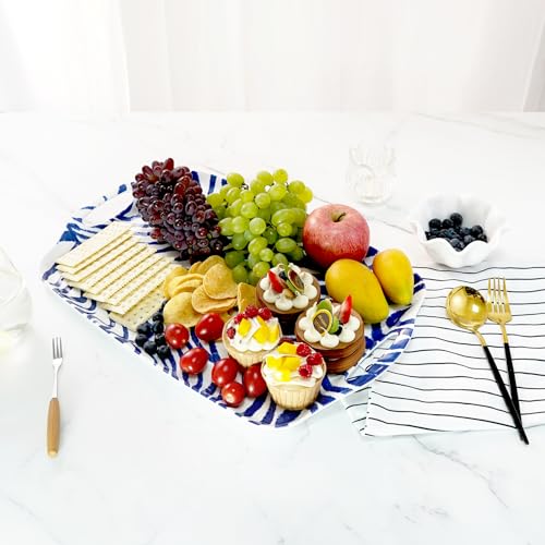 TP Serving Trays with Handles, 17 Inch Large Rectangular Melamine Serving Platter Set of 2, Blue & White - color: Blue&white, size: 17" x 12"