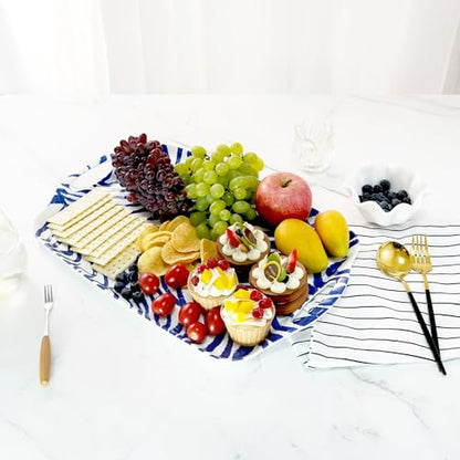 TP Serving Trays with Handles, 19 Inch Large Rectangular Melamine Serving Platter Set of 2, Blue & White - color: Blue&white, size: 19" x 12"
