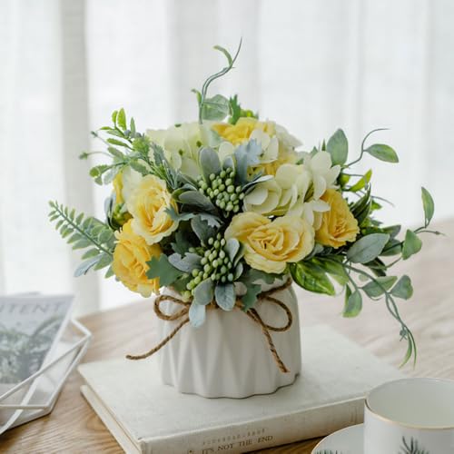 TKAS Fake Flowers Arrangement in Ceramic Vase, Artificial Faux Silk Roses & Hydrangea, Small Realistic Dried-Style Floral Centerpiece for Dining Table, Wedding Party Home Decoration (Yellow) - color: Yellow