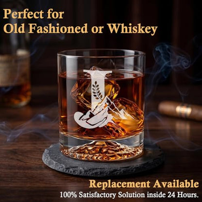 Personalized Whiskey Glass Gift Set for Men – Monogrammed Initial Rocks Glass with Slate Coaster, Wooden Box & Whiskey Stones, Birthday Father's Day for Him Dad Husband (J) - style: J