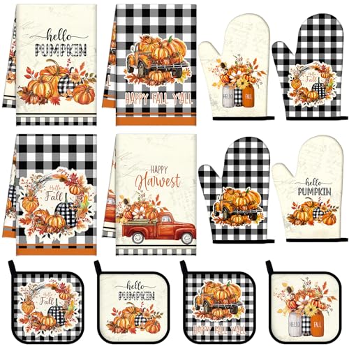 Pickmesh 12 Pcs Fall Kitchen Towels and Oven Mitt Sets 4 Maple Leaf Oven Mitts 4 Harvest Dish Towels and 4 Plaid Pot Pumpkin Holders Cooking Accessories for Thanksgiving Autumn Kitchen Decoration - style: Pumpkin