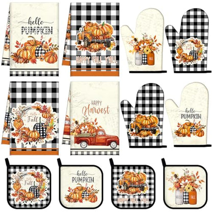 Pickmesh 12 Pcs Fall Kitchen Towels and Oven Mitt Sets 4 Maple Leaf Oven Mitts 4 Harvest Dish Towels and 4 Plaid Pot Pumpkin Holders Cooking Accessories for Thanksgiving Autumn Kitchen Decoration - style: Pumpkin