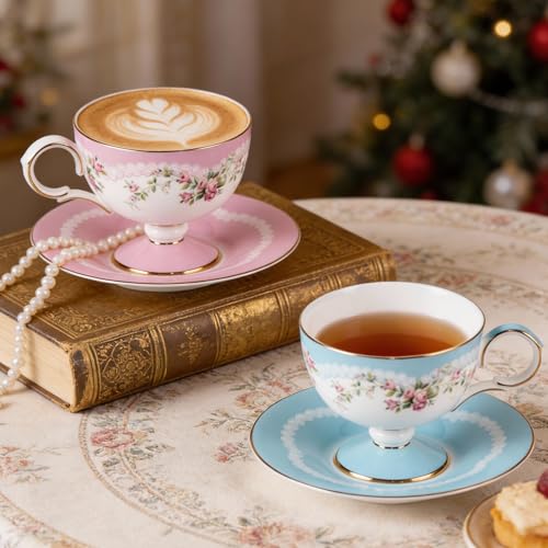 KAMMAK Tea Cups Set of 2,Ceramic Floral Pattern Demitasse Cup | Porcelain Espresso Cup with Saucer, 6.52 oz Handmade Elegant Bone China Tea Cups for Latte, Americano, Cappuccino - color: Beautiful in Pink (Light Pink + Light Blue)