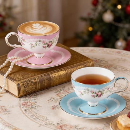 KAMMAK Tea Cups Set of 2,Ceramic Floral Pattern Demitasse Cup | Porcelain Espresso Cup with Saucer, 6.52 oz Handmade Elegant Bone China Tea Cups for Latte, Americano, Cappuccino - color: Beautiful in Pink (Light Pink + Light Blue)