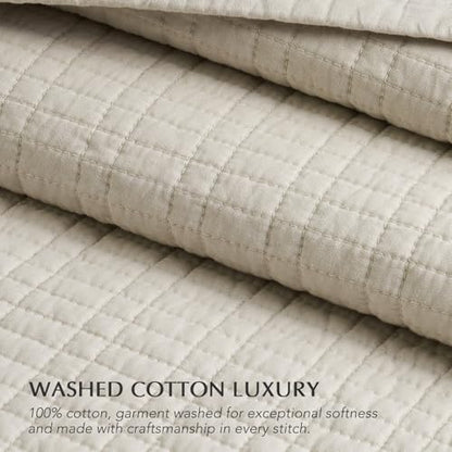 100% Cotton Modern Grid Stitch Quilt Set, King Size, Birch | Pre-Washed Cotton Coverlet Bedspread, Oversized Lightweight 3-Piece Bedding Set for All Season, with 2 Pillow Shams - color: Birch, size: King (110" X 94")