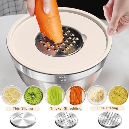 Umite Chef Mixing Bowls with Airtight Lids Set, 8PCS Stainless Steel Nesting Bowls with Grater Attachments, Non-Slip Bottoms, 5, 4, 3.5, 2, 1.5QT for Mixing & Serving - color: Khaki