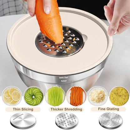 Umite Chef Mixing Bowls with Airtight Lids Set, 8PCS Stainless Steel Nesting Bowls with Grater Attachments, Non-Slip Bottoms, 5, 4, 3.5, 2, 1.5QT for Mixing & Serving - color: Khaki