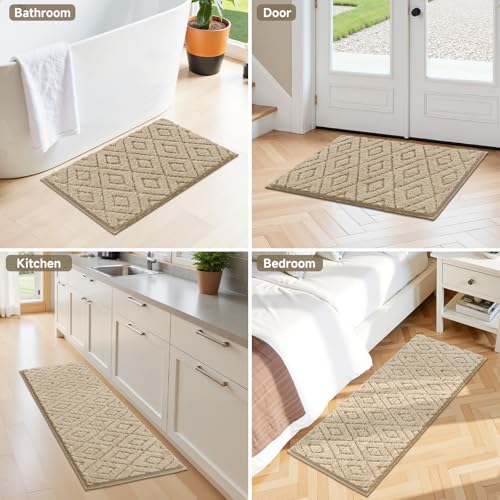 Bsmathom 3 Piece Bathroom Rug Sets, Non Slip Microfiber Bath Mat, Beige | Plush Water Absorbent Bath Rug Sets with U-Shaped Contour Toilet Mat, Machine Washable Carpet for Bathroom Sink, Shower - color: Beige