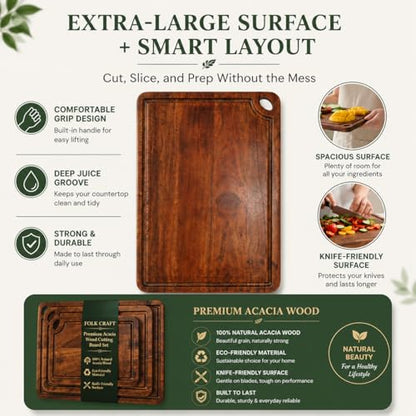 Acacia Wood Cutting Board Reversible Charcuterie Chopping Boards Durable & Double Sided Knife-Friendly, Juice Groove, Easy-Grip, Kitchen Gift