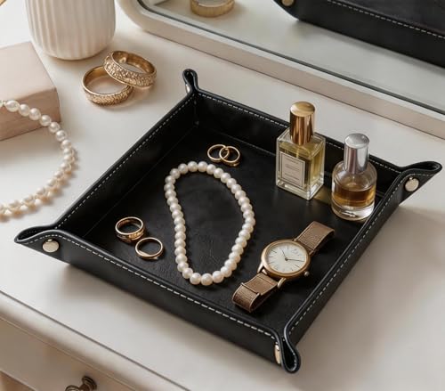 Valet Tray Desktop Storage Organizer – Vegan Leather Catchall Tray Bedside Vanity Tray Nightstand Caddy Holder for Remote Controller, Watch, Keys, Phone, Wallet, Coin, Jewelry, Black - color: Black