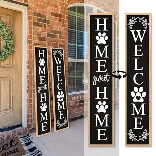 Outdoor Welcome Sign Front Porch Door Decor, 45"X9" Wood Black | Home Sweet Home Sign, Outside Standing Large 2 Sided Dog Paw Design, Farmhouse Modern Wooden Frame, Vertical Leaner - color: Welcome Home Sweet Home (Wood Black), size: 45"X9"