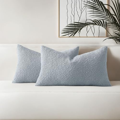 HAUSSY Pack of 2 Boucle Lumbar Throw Pillow Covers 12x20 Inch, Dusty Blue | Decorative Accent Solid Neutral Pillowcases, Machine Washable, Couch Bed Sofa Living Room Home Decor, No Insert - color: Dusty Blue, size: 20" x 12" (Pack of 2)