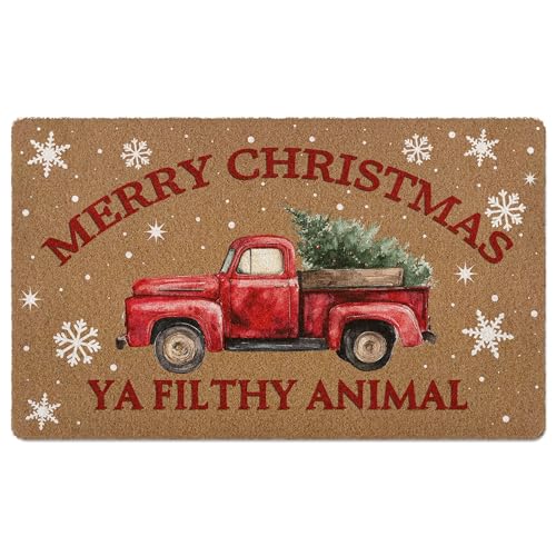Merry Christmas Ya Filthy Animal Door Mat, Red Truck Xmas Tree Welcome Artificial Coir Front Door Mat Indoor Outdoor Entrance, Snowflake Doormat Rug for Porch Entryway Patio Decor,17X30 Inch - color: Red-2