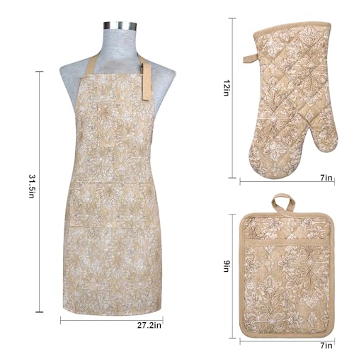 Oven Mitts and Pot Holders with Cooking Apron Set of 5, Heat Resistant Kitchen Gloves and Silicone Non-Slip Potholders, Adjustable Neck Buckle Chef Apron, Cotton Nice Design for Cooking (Tawny) - color: Tawny